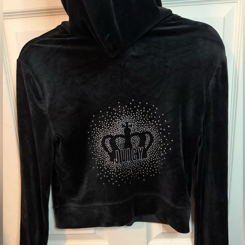 Juicy Couture Black Velour Track Suit Jacket Crown Hoodie - Woman’s Small